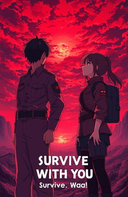 A 20 year old male soldier in a military uniform and a 15 year old female soldier, also in military attire, standing side by side, gazing up at a breathtaking red sky filled with vibrant hues of crimson and orange