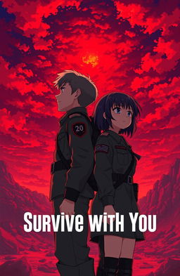 A 20 year old male soldier in a military uniform and a 15 year old female soldier, also in military attire, standing side by side, gazing up at a breathtaking red sky filled with vibrant hues of crimson and orange