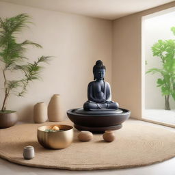 An interior depicting a tranquil, peaceful, meditation-inspired style. Soothing colors, minimalistic furnishings, zen elements such as a water feature, plants or a Buddha statue, woven mats and serene lighting.