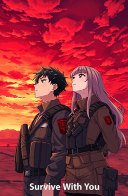 A 21-year-old male soldier and an 18-year-old female soldier stand side by side, gazing deeply into a vibrant red sky filled with dynamic clouds at sunset