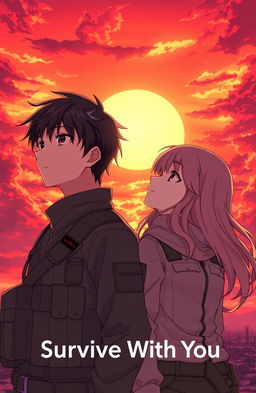 A 21-year-old male soldier and an 18-year-old female soldier stand side by side, gazing deeply into a vibrant red sky filled with dynamic clouds at sunset
