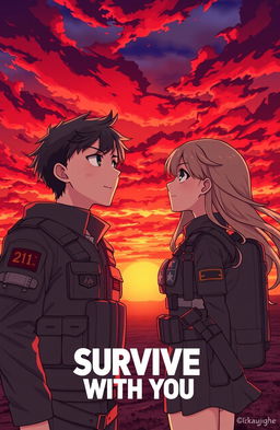 A 21-year-old male soldier and an 18-year-old female soldier stand side by side, gazing deeply into a vibrant red sky filled with dynamic clouds at sunset