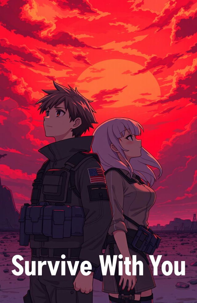 A 21-year-old male soldier and an 18-year-old female soldier stand side by side, gazing deeply into a vibrant red sky filled with dynamic clouds at sunset