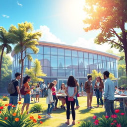 A vivid and imaginative illustration of a futuristic school environment designed for adult learners, set in a lush outdoor setting with tall trees and vibrant flowers