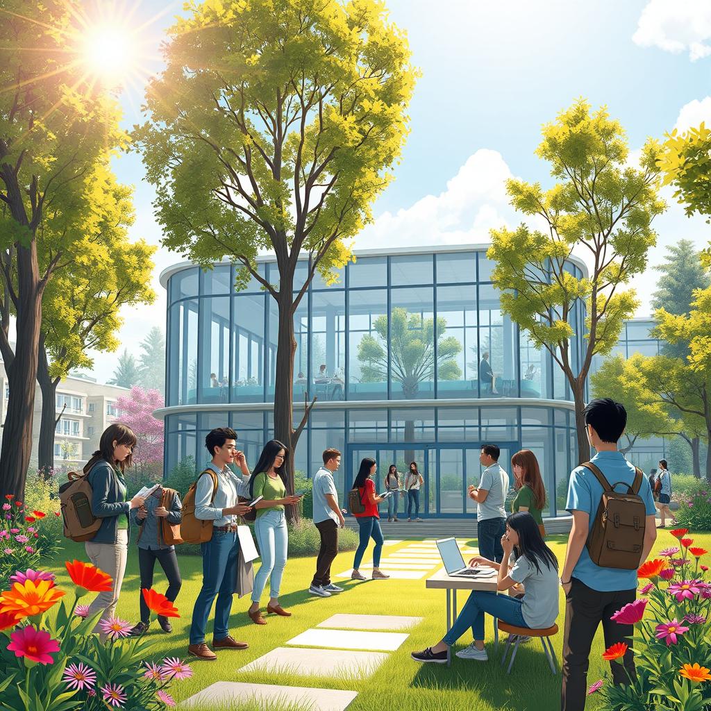 A vivid and imaginative illustration of a futuristic school environment designed for adult learners, set in a lush outdoor setting with tall trees and vibrant flowers