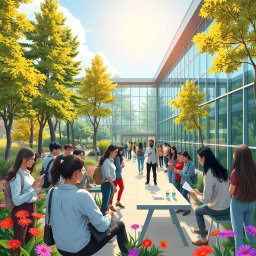 A vivid and imaginative illustration of a futuristic school environment designed for adult learners, set in a lush outdoor setting with tall trees and vibrant flowers