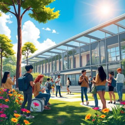 A vivid and imaginative illustration of a futuristic school environment designed for adult learners, set in a lush outdoor setting with tall trees and vibrant flowers