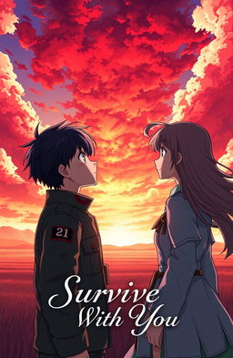 A dynamic anime-style scene featuring a 21-year-old male soldier and an 18-year-old female soldier, both in military uniforms, gazing at a breathtaking red sky filled with dramatic clouds