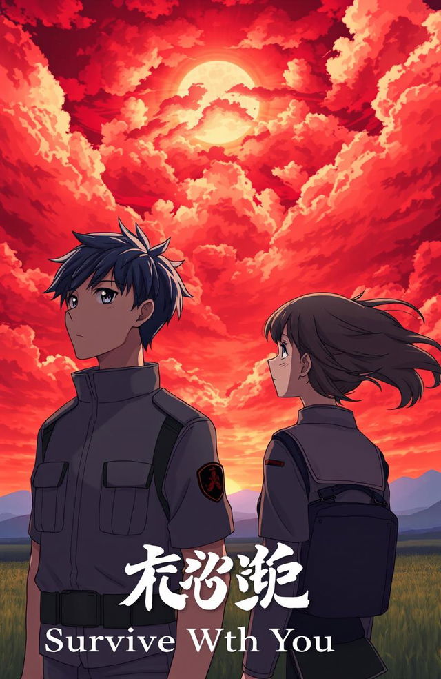 A dynamic anime-style scene featuring a 21-year-old male soldier and an 18-year-old female soldier, both in military uniforms, gazing at a breathtaking red sky filled with dramatic clouds