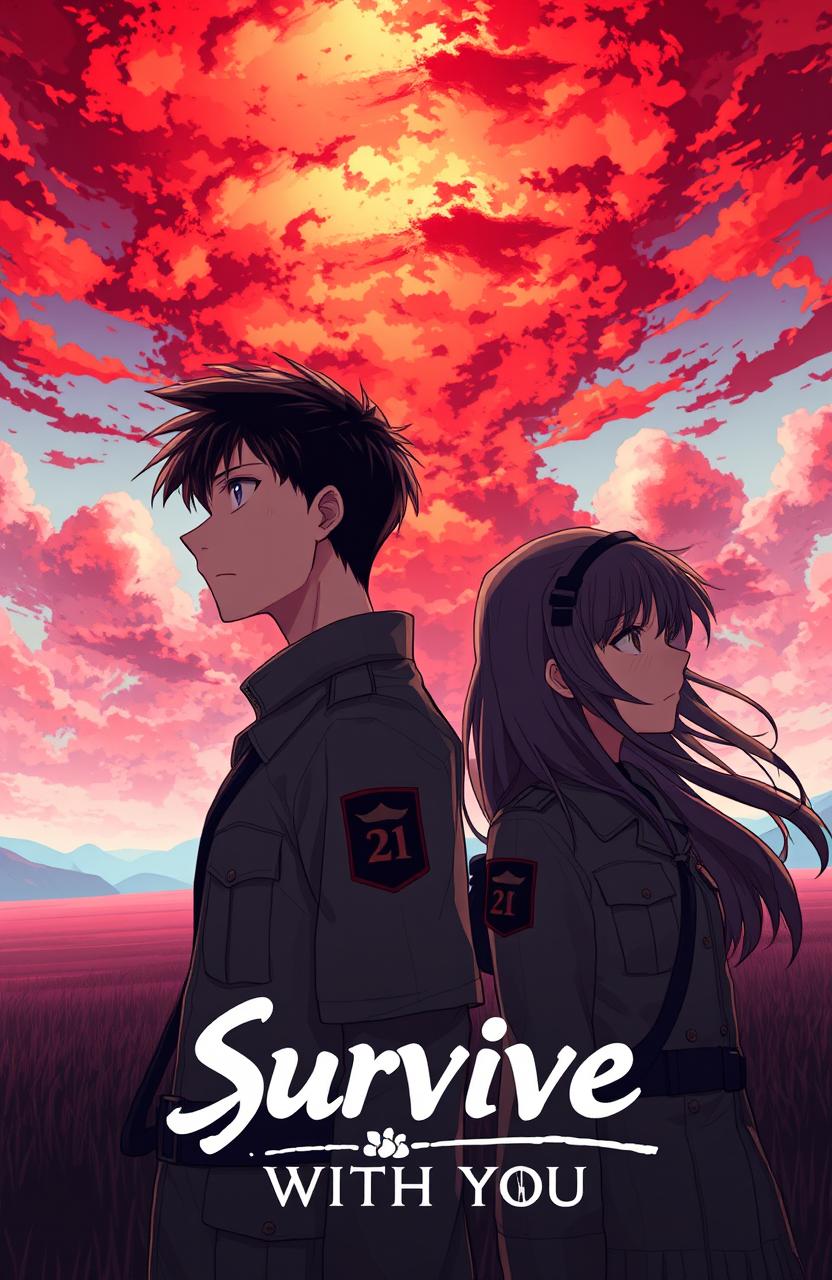 A dynamic anime-style scene featuring a 21-year-old male soldier and an 18-year-old female soldier, both in military uniforms, gazing at a breathtaking red sky filled with dramatic clouds