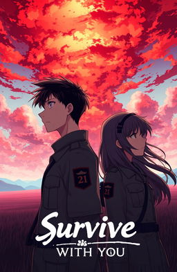 A dynamic anime-style scene featuring a 21-year-old male soldier and an 18-year-old female soldier, both in military uniforms, gazing at a breathtaking red sky filled with dramatic clouds