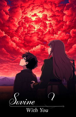 A dynamic anime-style scene featuring a 21-year-old male soldier and an 18-year-old female soldier, both in military uniforms, gazing at a breathtaking red sky filled with dramatic clouds