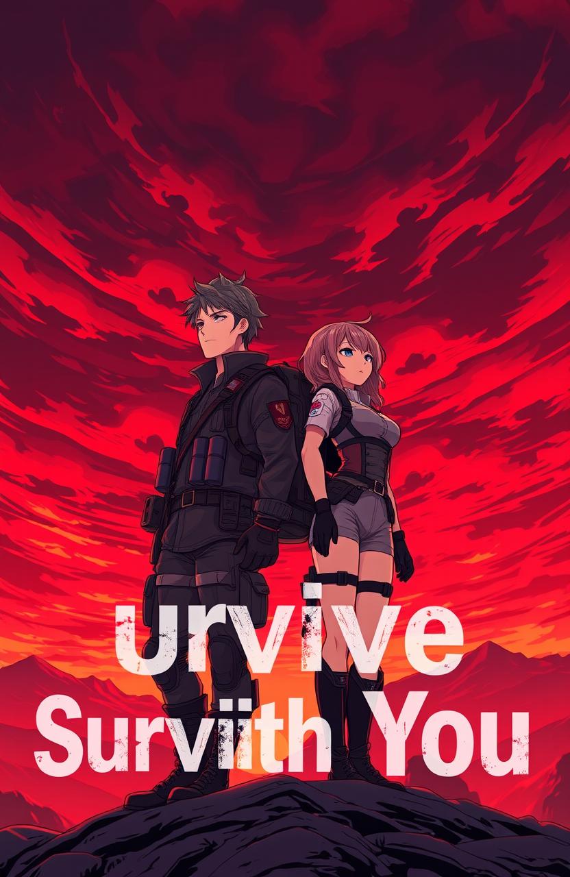 A 21-year-old male soldier and an 18-year-old female soldier stand side by side, gazing intently at a dramatic red sky, filled with swirling clouds and a hint of a sunset