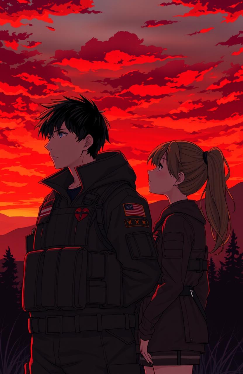 In an anime style titled 'Survive With You', a 21 year old male soldier and an 18 year old female soldier stand side by side, gazing intently at a dramatic red sky filled with vibrant hues of red and orange