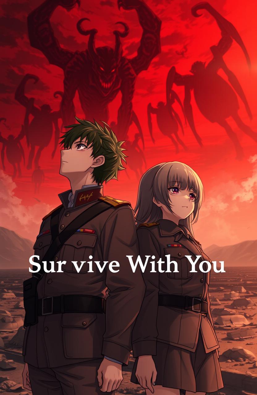 A 21-year-old male soldier and an 18-year-old female soldier, both in detailed anime-style military uniforms, standing side by side, gazing up at a dramatic red sky filled with shadowy, monstrous figures