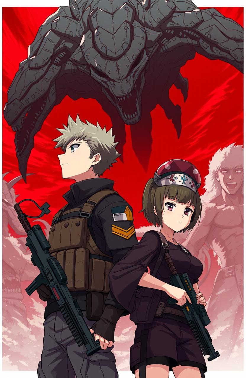 In an anime style illustration titled 'Survive With You', a 21-year-old male soldier and an 18-year-old female soldier stand side by side, their expressions intense and determined as they gaze into the distance