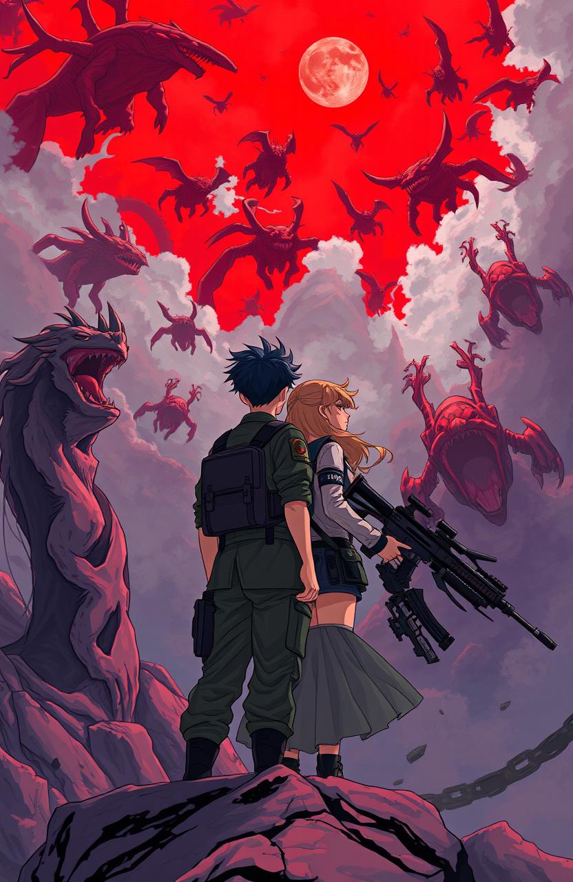 A 21-year-old male soldier and an 18-year-old female soldier stand side by side on a rocky outcrop, gazing at a dramatic red sky filled with grotesque monsters