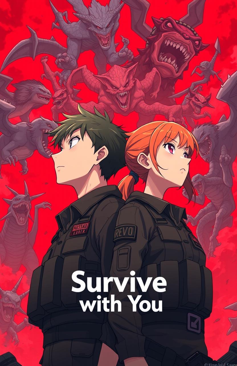 A 21-year-old male soldier and an 18-year-old female soldier are standing side by side, gazing intently at a dramatic red sky filled with various fantastical monsters