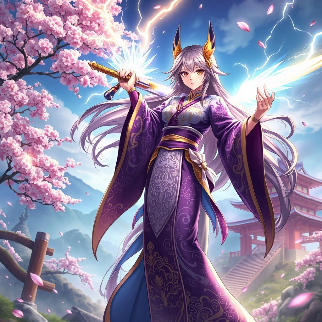 A stunning fantasy artwork of Raiden Shogun from Genshin Impact, standing confidently in a beautifully intricate kimono adorned with purple and gold patterns