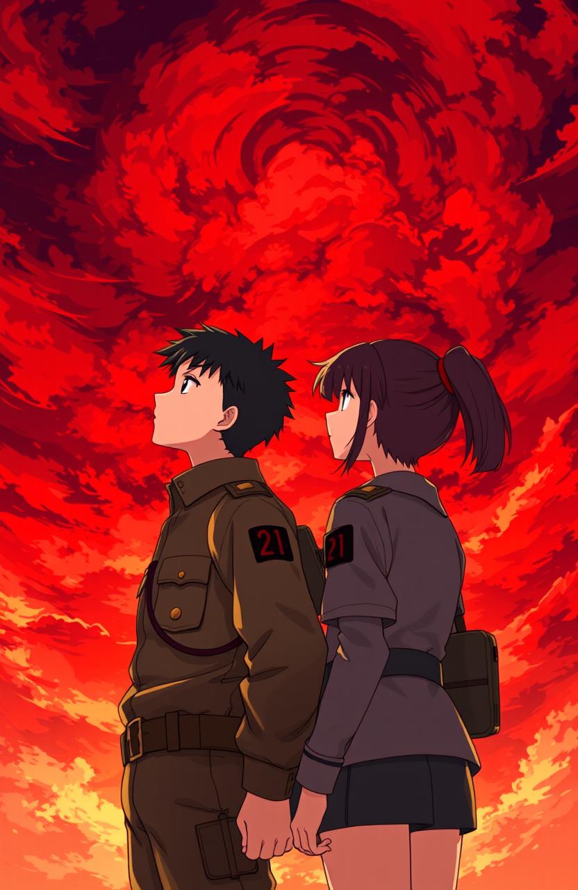 A scene depicting a 21-year-old male soldier and an 18-year-old female soldier standing side by side, gazing at a dramatic red sky filled with swirling clouds