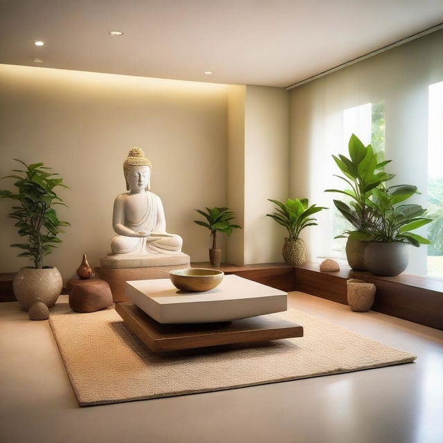 An interior depicting a tranquil, peaceful, meditation-inspired style. Soothing colors, minimalistic furnishings, zen elements such as a water feature, plants or a Buddha statue, woven mats and serene lighting.