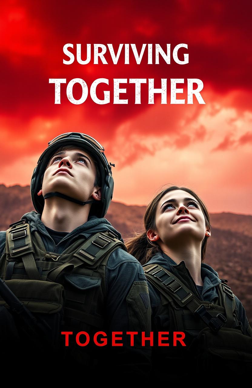 A captivating scene featuring a 21-year-old male soldier and an 18-year-old female soldier gazing up at a dramatic red sky