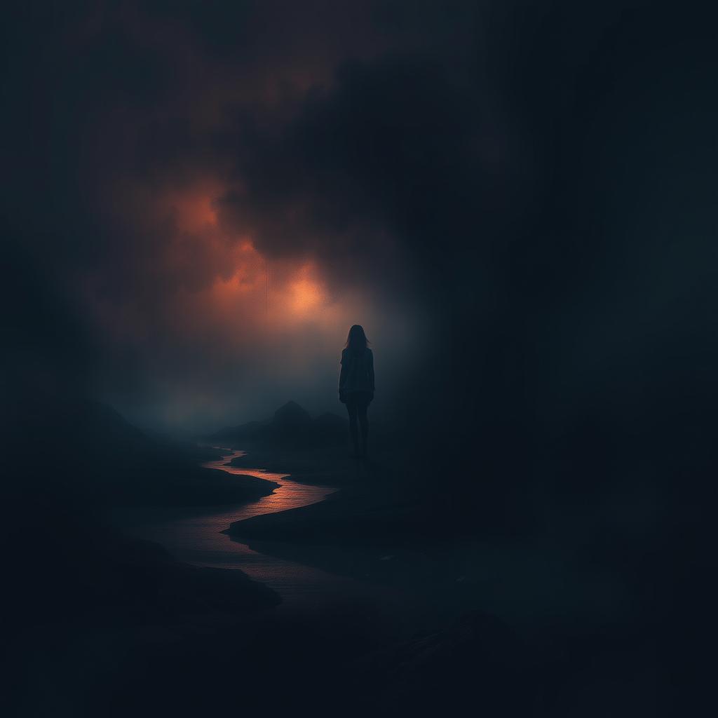 A moody and atmospheric artwork depicting a mental landscape characterized by deep, dark colors that evoke a sense of mystery and depth