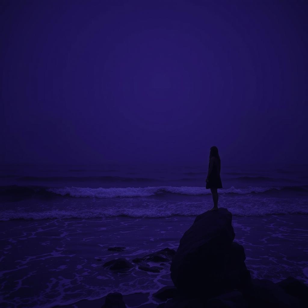 A mesmerizing scene depicting a dark and introspective mental landscape dominated by deep purple tones, evoking a sense of mystery and contemplation