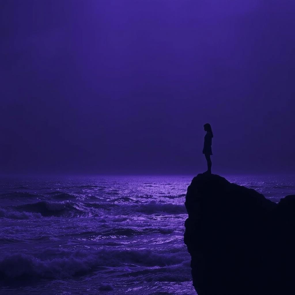 A captivating scene depicting a dark and contemplative mental landscape dominated by deep purple hues, creating an atmosphere rich in emotion and introspection