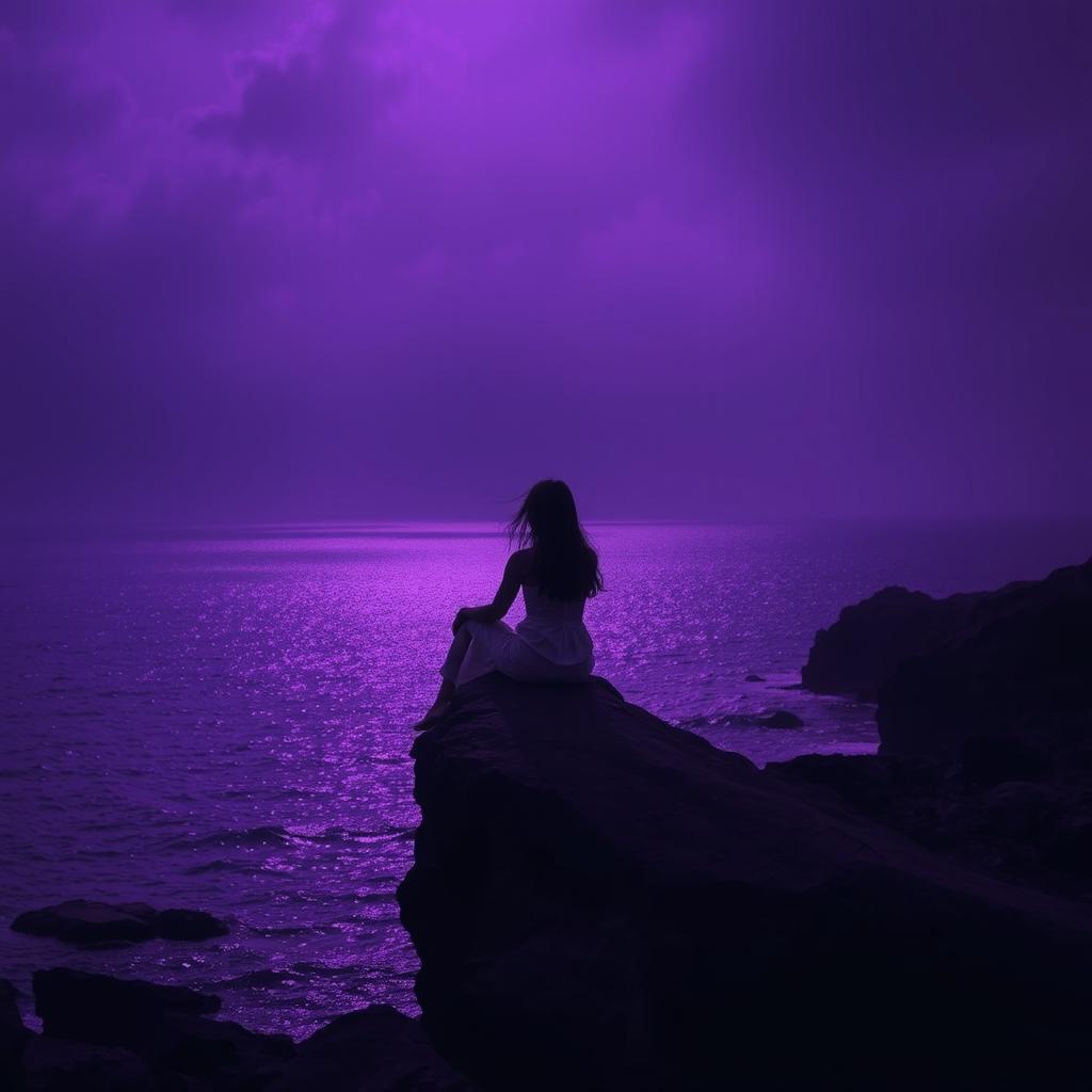 A hauntingly beautiful scene featuring a dark mental landscape dominated by deep purple colors, invoking feelings of introspection and depth