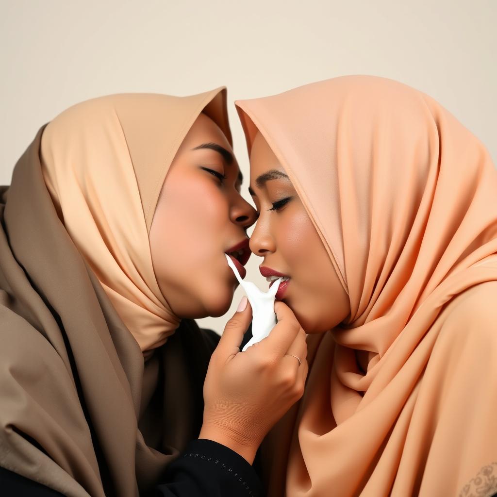 Two Indonesian women, aged 25, wearing hijabs, passionately kissing each other