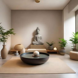 An interior depicting a tranquil, peaceful, meditation-inspired style. Soothing colors, minimalistic furnishings, zen elements such as a water feature, plants or a Buddha statue, woven mats and serene lighting.