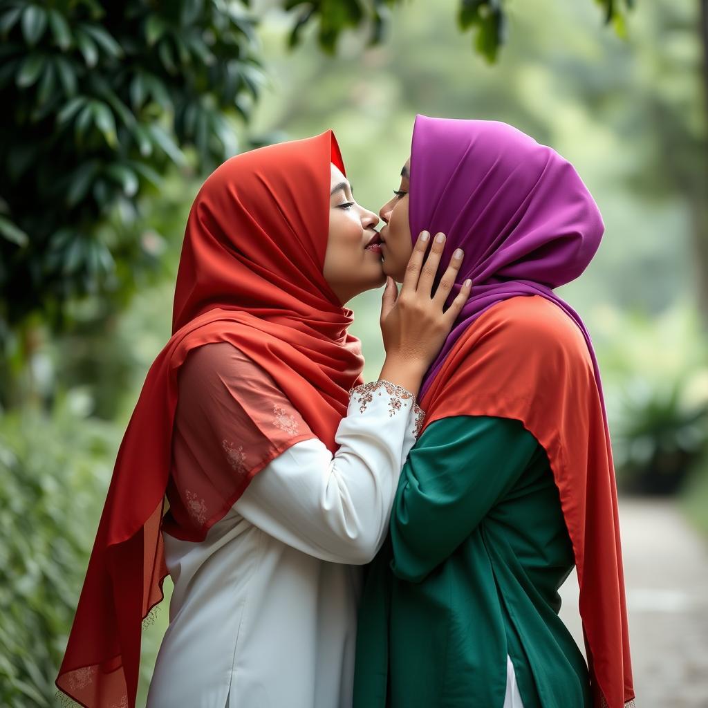 Two Indonesian women, aged 25, wearing hijabs in vibrant colors, passionately kissing in a romantic setting