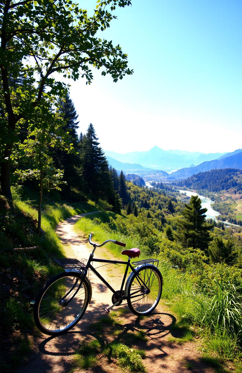 A scenic journey without a map, showcasing a beautiful, winding path through lush forests, rolling hills, and sparkling rivers