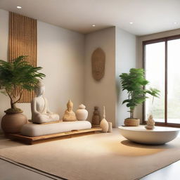 An interior depicting a tranquil, peaceful, meditation-inspired style. Soothing colors, minimalistic furnishings, zen elements such as a water feature, plants or a Buddha statue, woven mats and serene lighting.