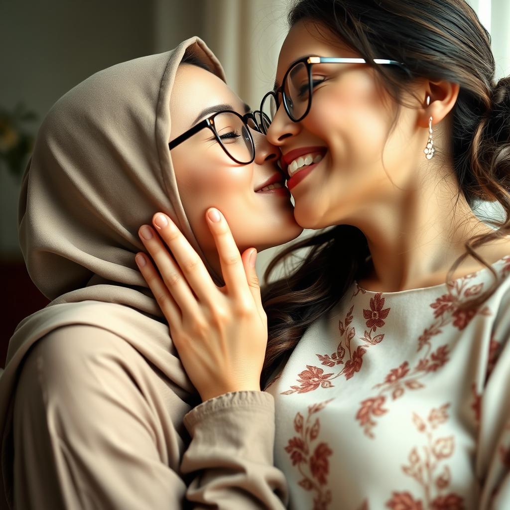 A romantic scene featuring two women, one wearing a hijab and glasses, engaging in a tender kiss