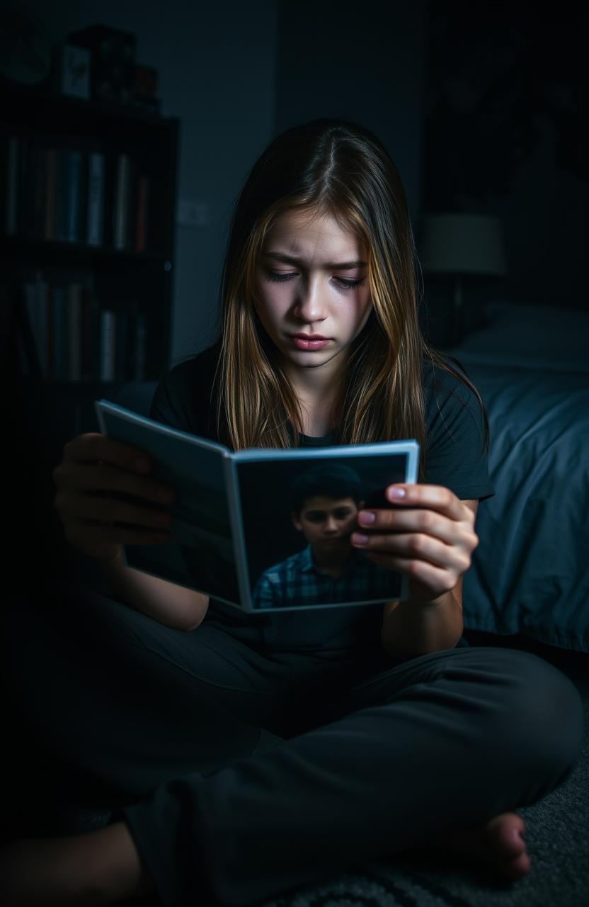 A poignant scene of a teenage girl, aged 17, sitting on the floor of her darkened room, tears streaming down her cheeks