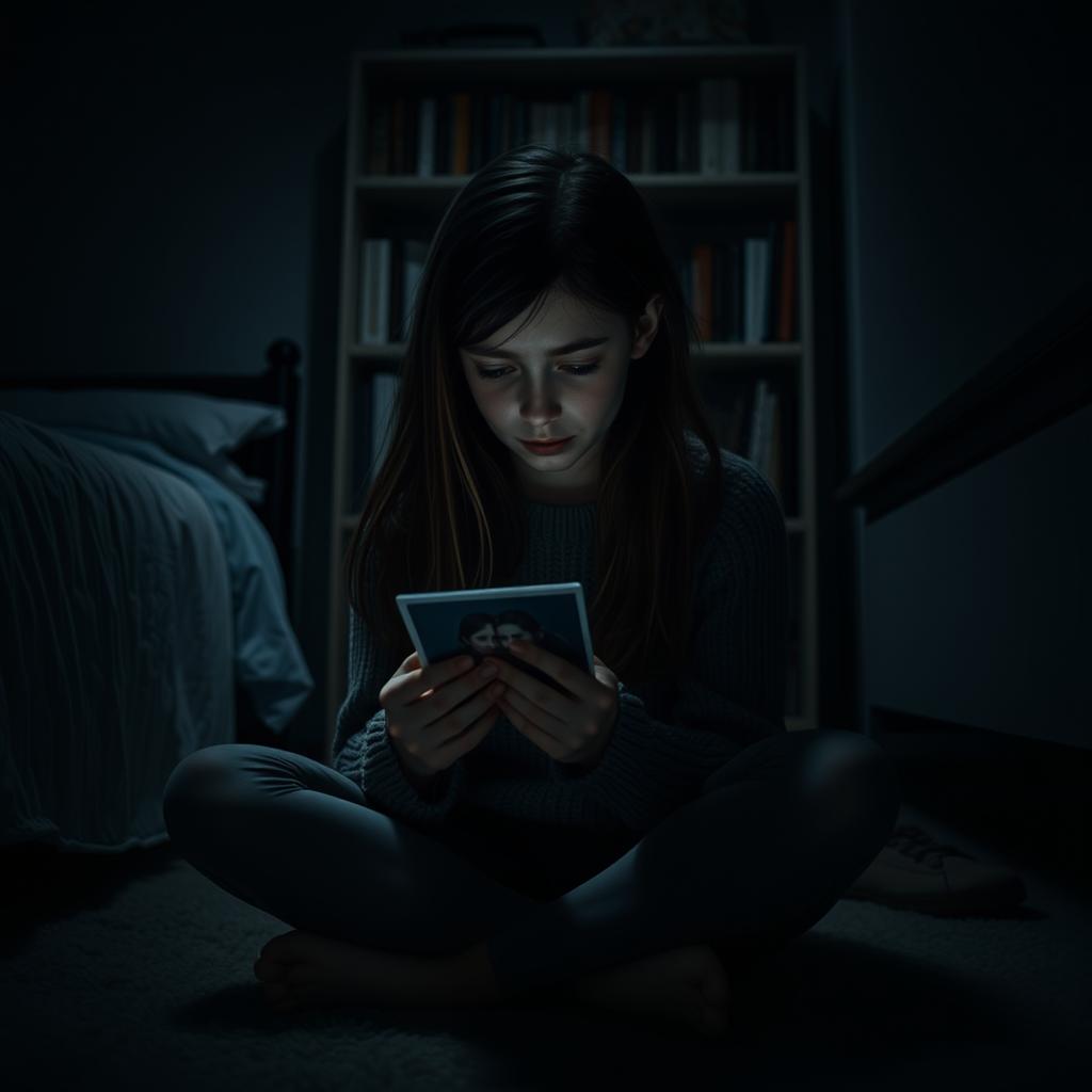 A somber scene of a teenage girl sitting on the floor of her dark room, with tears in her eyes