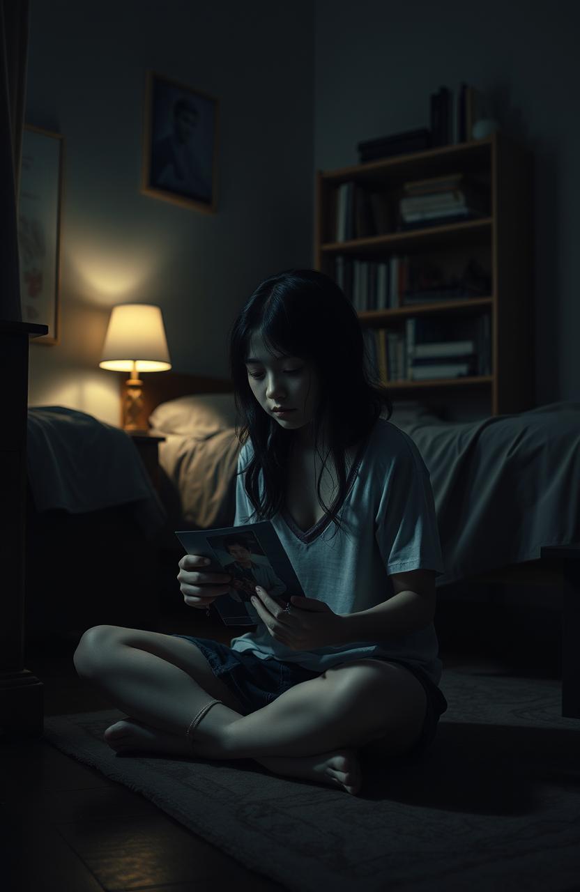 A somber scene featuring a teenage girl sitting on the floor of her dimly lit room, tears streaming down her face