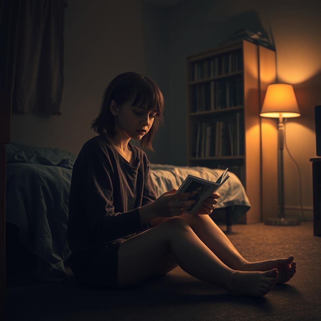 A poignant scene titled 'Sphie's Burden', featuring a 17-year-old girl sitting on the floor of her dimly lit room, tears flowing from her eyes