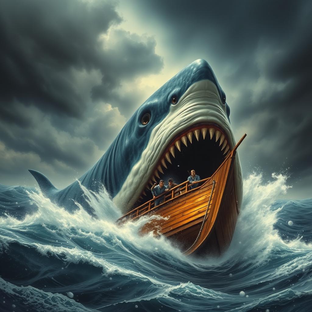 A terrifying scene illustrating a colossal Megalodon attacking a 19th-century wooden ship in the middle of a tumultuous ocean