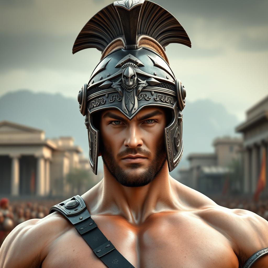 A strong and powerful male figure wearing Ares' helmet, a beautifully designed and ornate piece of armor reflecting ancient Greek aesthetics