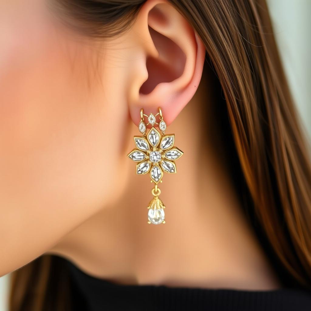 A close-up photograph of an elegant earring, securely connecting to a woman's ear