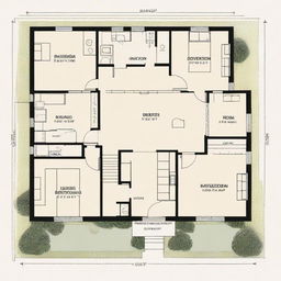 Architectural drawing of a 1300 sq ft house plan, including a detailed room layout, entrances, exits, and windows