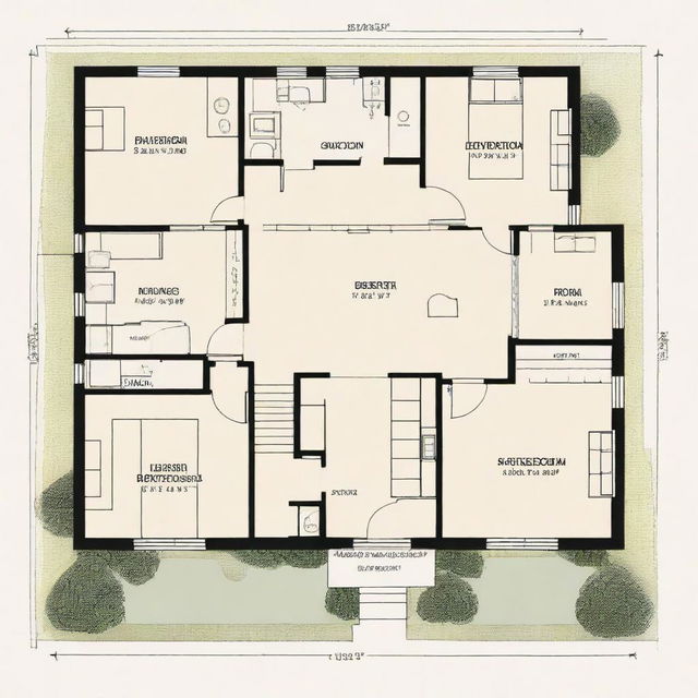 Architectural drawing of a 1300 sq ft house plan, including a detailed room layout, entrances, exits, and windows