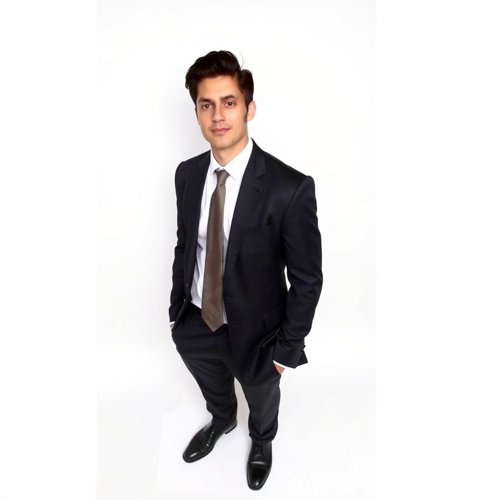 A person in elegant formal attire, featuring a tailored suit with a crisp white dress shirt and a stylish tie, standing confidently against a clean, white background