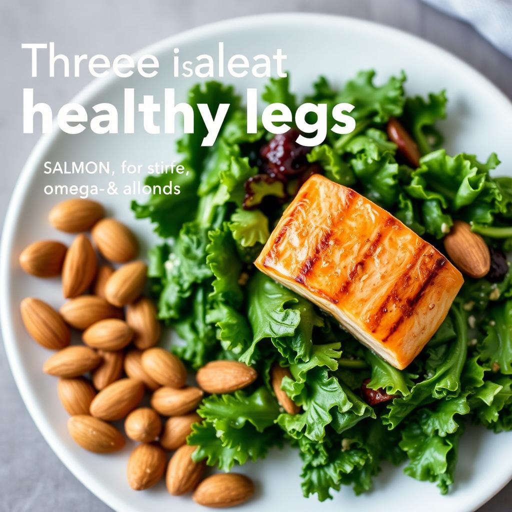 Three foods that promote healthy legs; kale for its rich vitamins and minerals, salmon for its omega-3 fatty acids, and almonds for their protein and healthy fats
