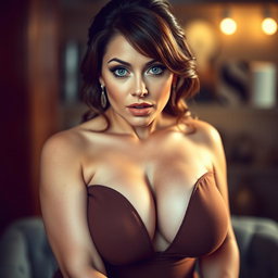 A gorgeous 40-year-old woman with voluptuous curves, dressed in a sexy outfit that perfectly showcases her ample cleavage