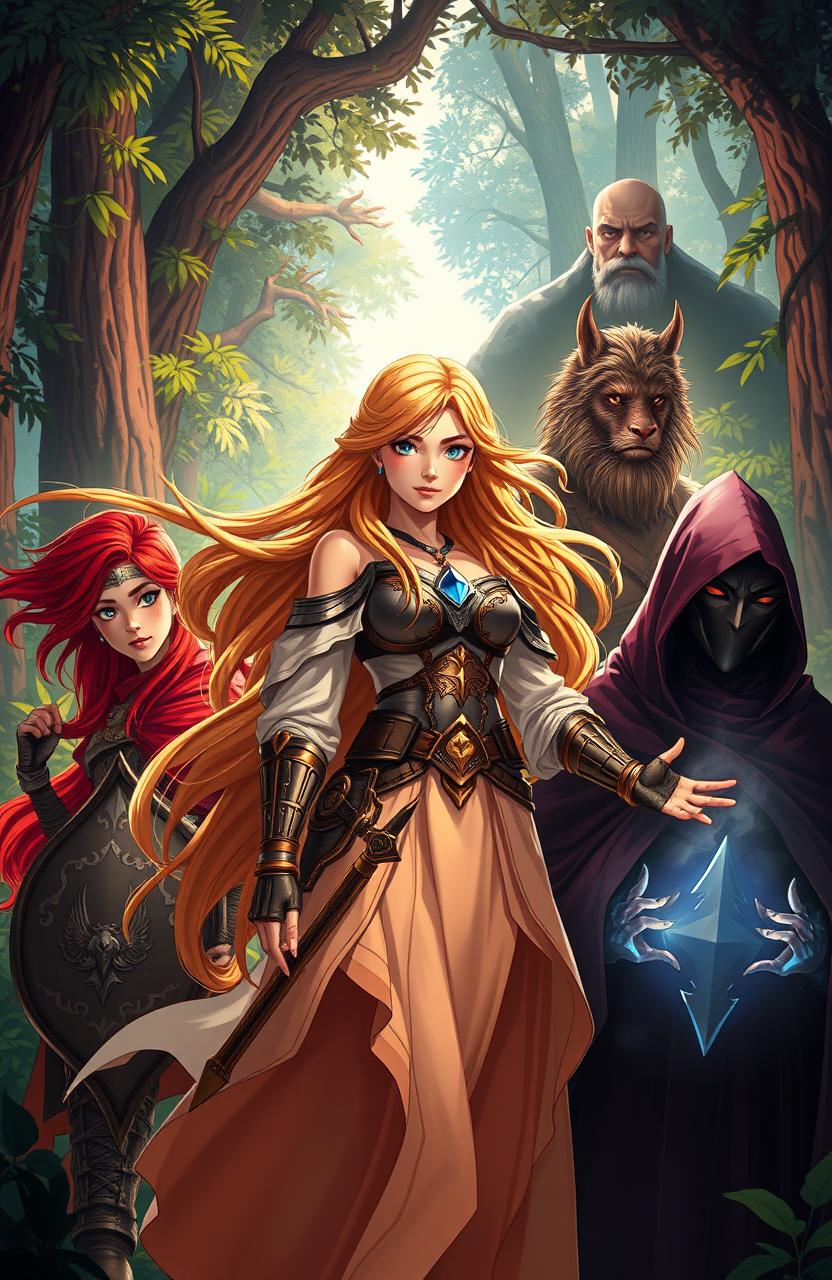 In an epic fantasy setting, a story illustration featuring Valleria, a young and determined healer with flowing, long hair and a mystical aura