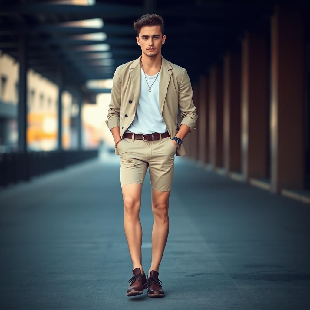 A full-body portrait of a man with very thin legs, standing confidently in a stylish outfit